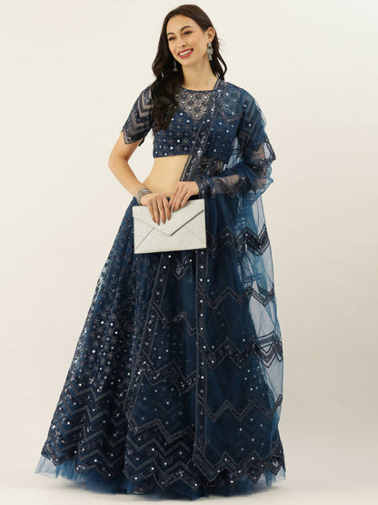 House of Panchhi Navy Blue Net Semi Stitched Coding, Sequins and Mirror work Lehenga Choli - Distacart