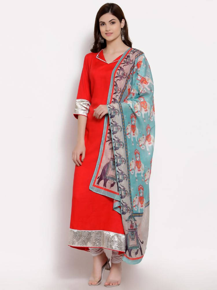 Myshka Women's Red Cotton 3/4 Sleeve V Neck Solid Casual Anarkali Kurta Dupatta Set