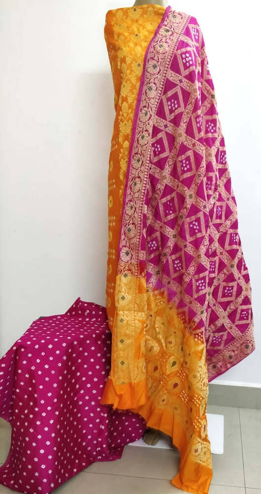 Clovers & Crafts Bhandhani Orange Silk Suit Piece With Orange & Pink Dupatta