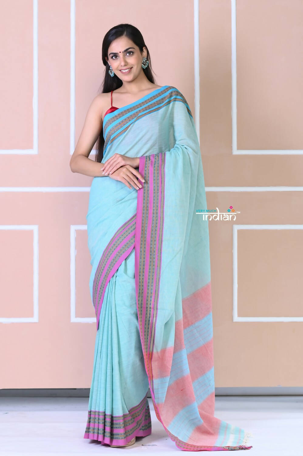 Very Much Indian Traditional Patteda Anchu Ilkal Handloom Saree - Sky Blue - Distacart