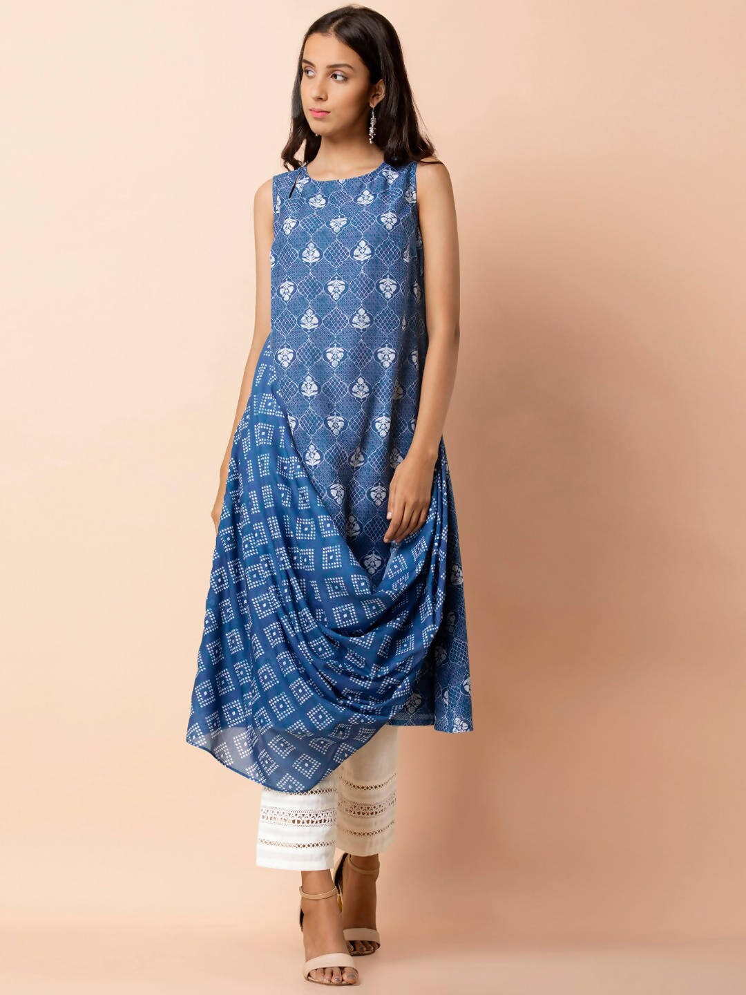 Indya Blue & White Printed A-Line Kurta - Distacart