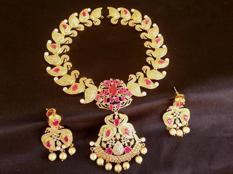 AD Ruby Peacock Bridal Jewelry Set
