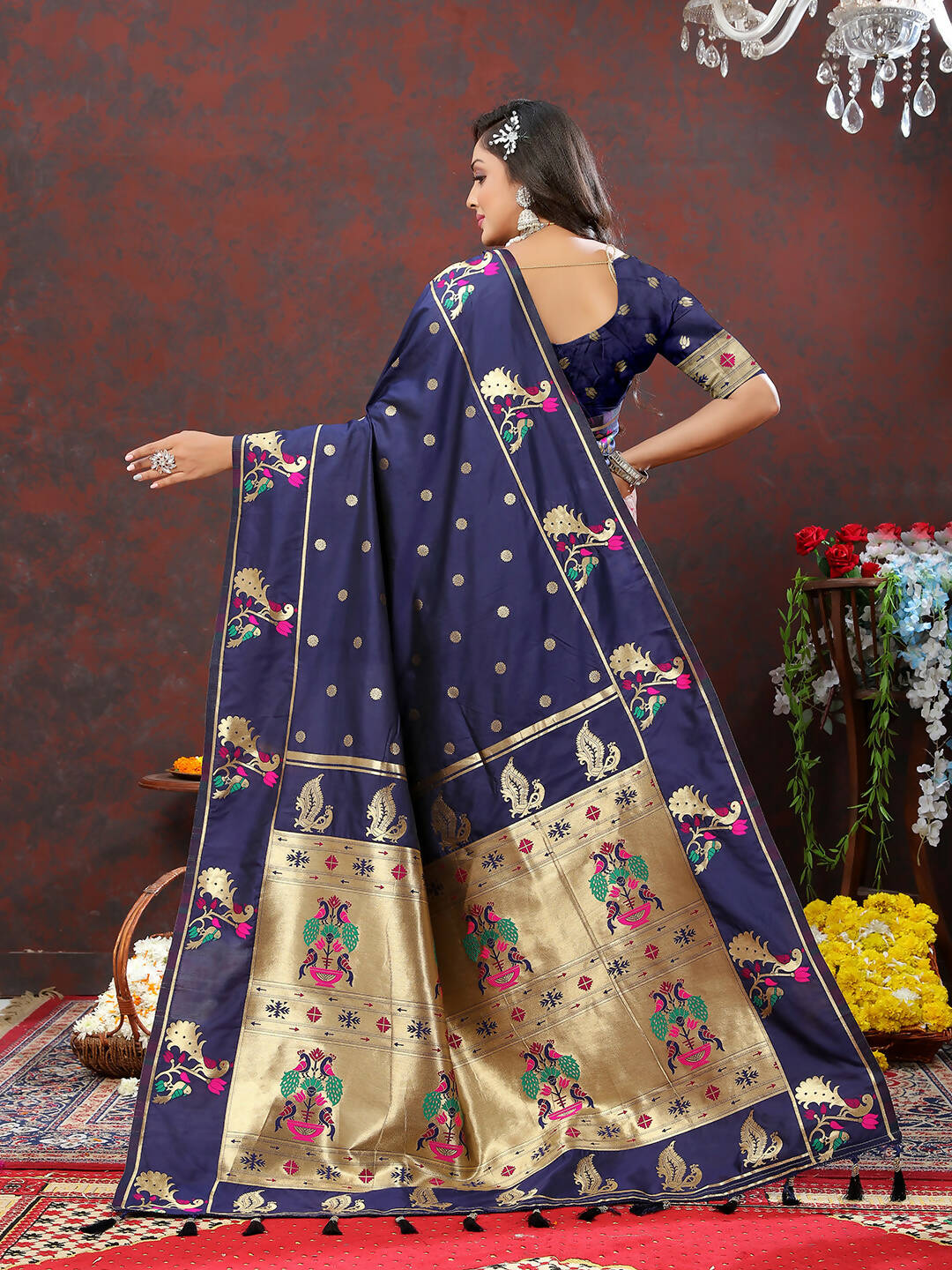 Lorenvalley Fashion Navyblue Soft Paithani Silk Woven Design Gold Zari Meenakari Weaving Saree - Distacart