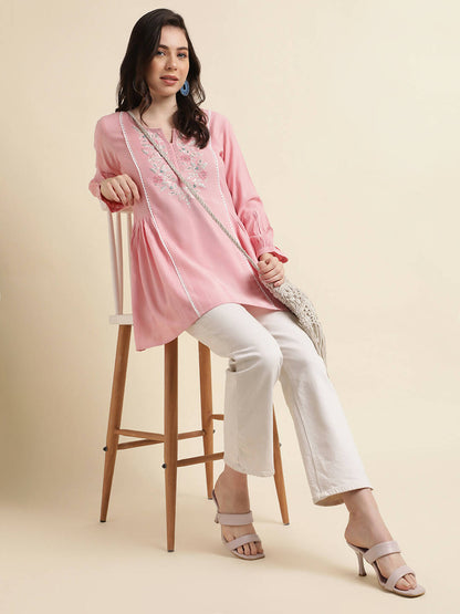 Pink Viscose Rayon Yoke Embroidered A-line Top - Tarini - Distacart