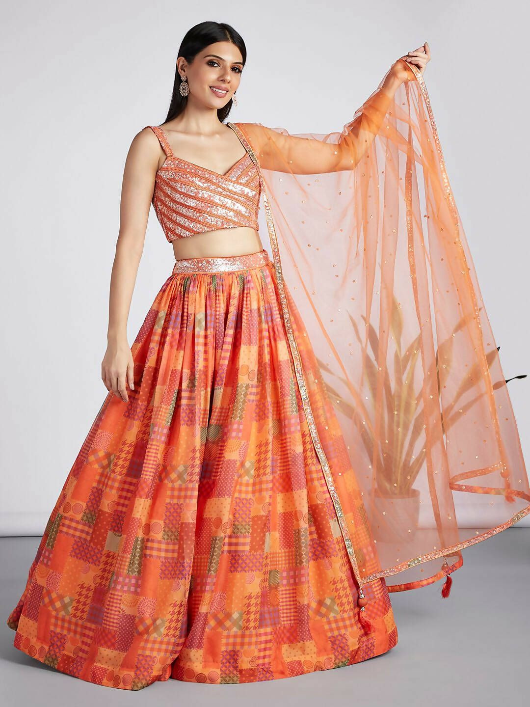 House of Panchhi Orange colour Organza Treditional design digital print Semi-Stitched Lehenga choli & Dupatta - Distacart