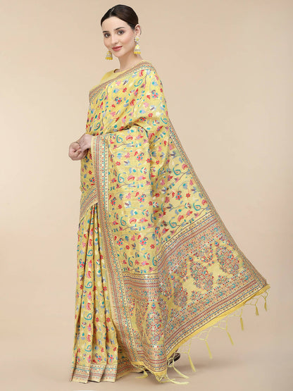 Yellow Silk Blend Woven Design Saree With Unstitched Blouse Piece - Aloki - Distacart