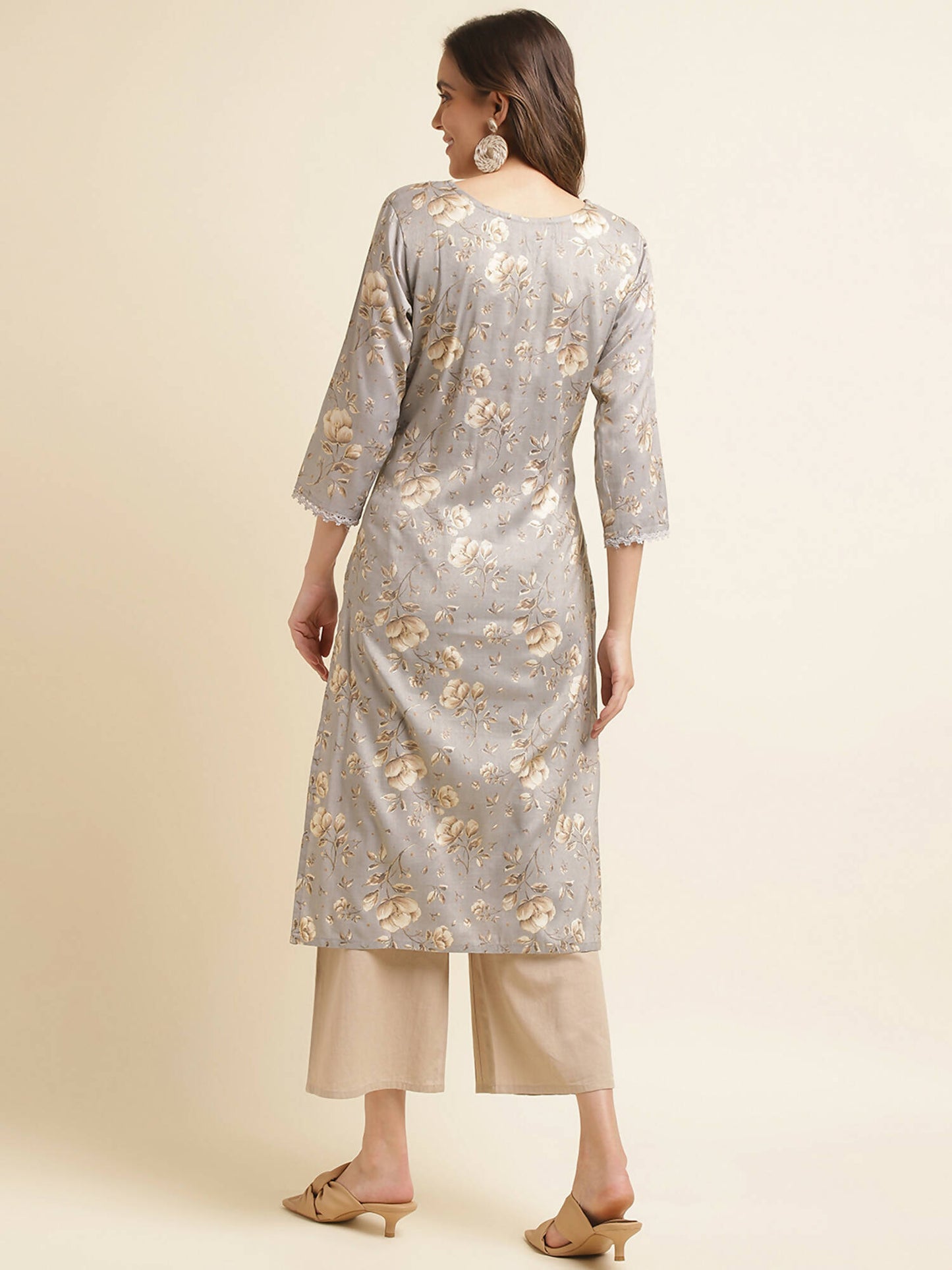 Grey Poly Rayon Floral Printed Straight Kurta - Prasuti - Distacart