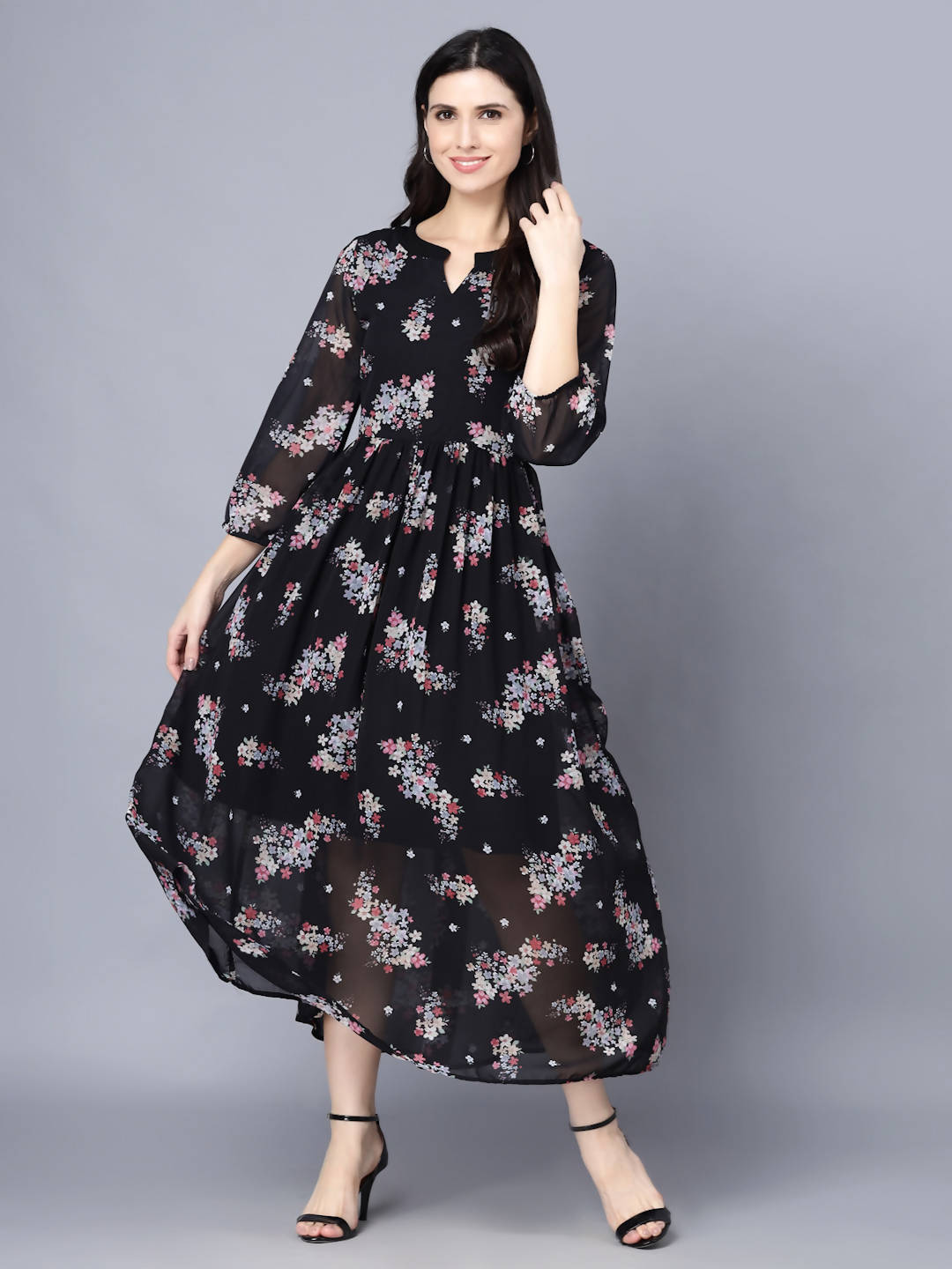 Myshka Black Floral Keyhole Neck Georgette Maxi Dress - Distacart
