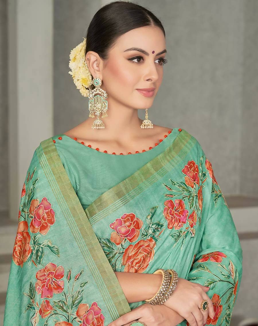 Sea Green Rangkat Tussar Silk Woven Design Saree with Unstitched Blouse - Mohmanthan Eshani - Distacart