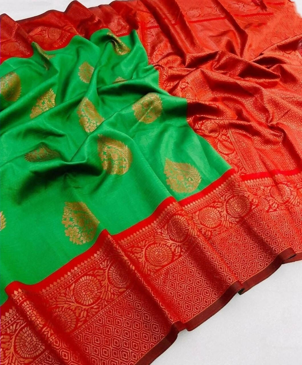 DEIANA'S Beautiful Golden Jari with New Design Soft Lichi Silk Saree - Light Green - Distacart