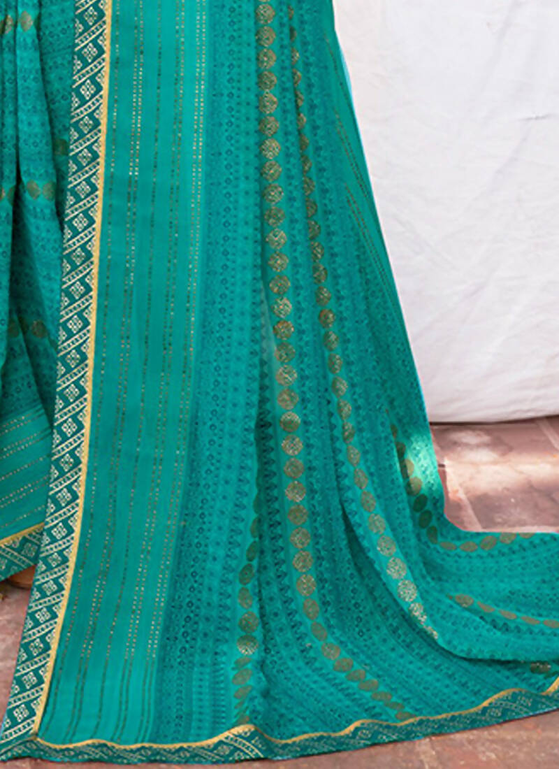 Sea Green Georgette Foil Printed Saree with Unstitched Blouse Piece - Avika - Distacart