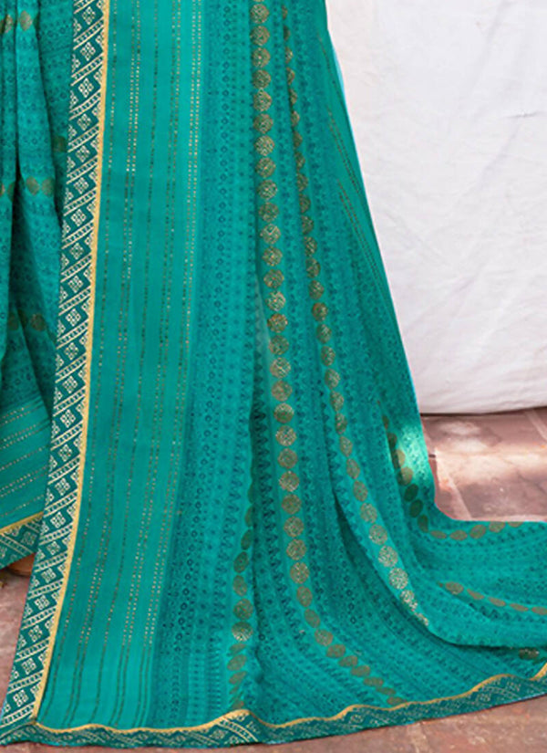 Sea Green Georgette Foil Printed Saree with Unstitched Blouse Piece - Avika - Distacart