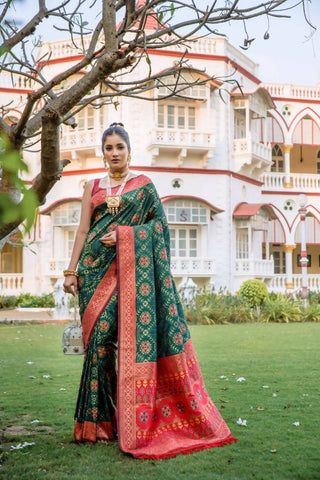 Vishnu Weaves Women's Bottle Green Patola Banarasi Silk Meenakari Zari Woven Saree with Blouse - Distacart