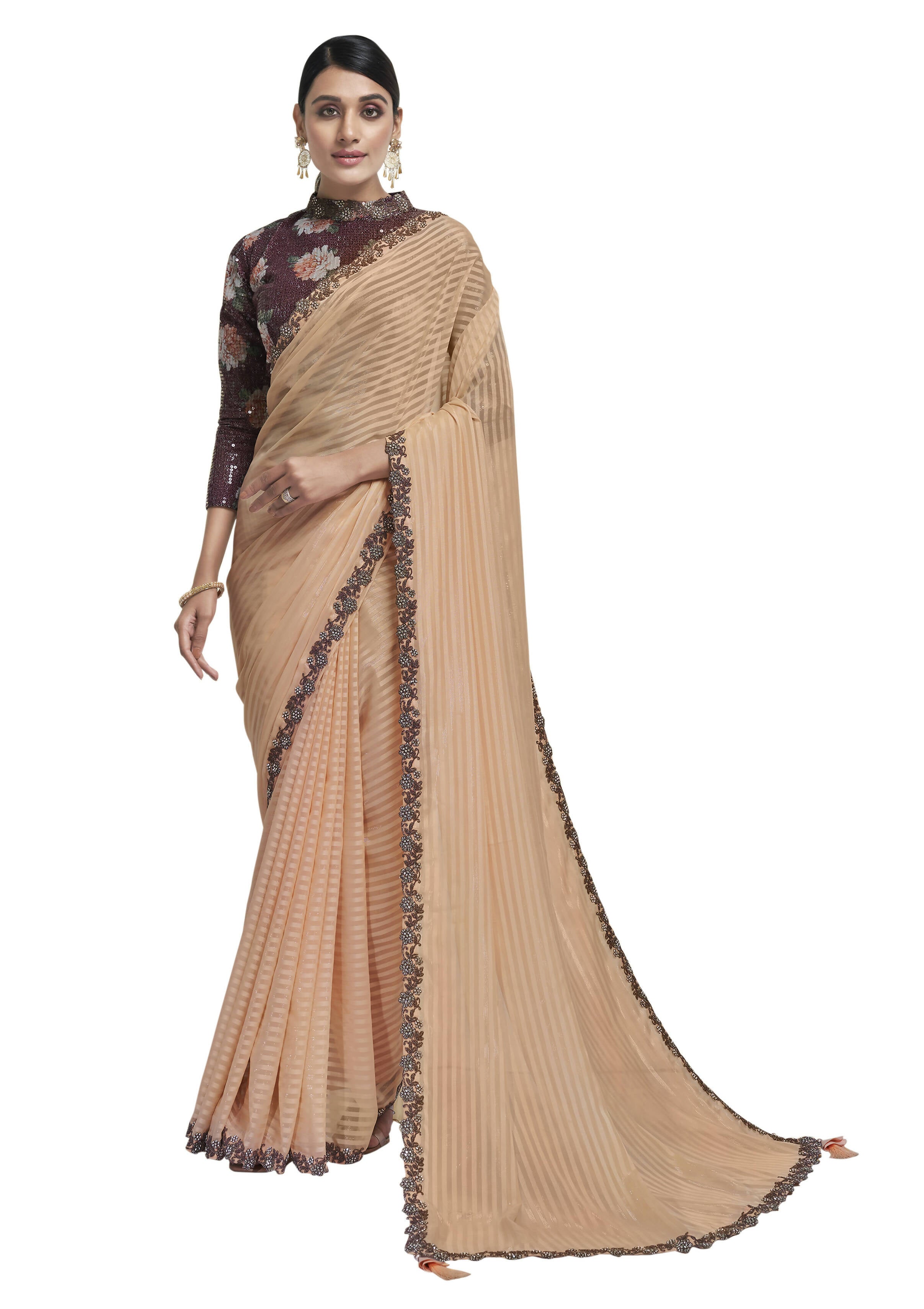 Peach Georgette Stone Work With Embroidery In Border Saree With Blouse Piece - Norita Avyaan - Distacart