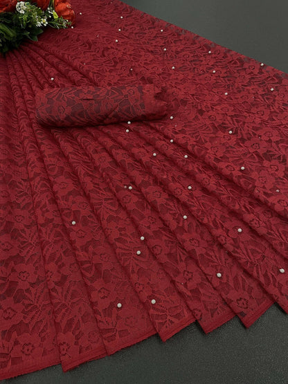 Vamika Maroon Pearls Net Saree - Distacart