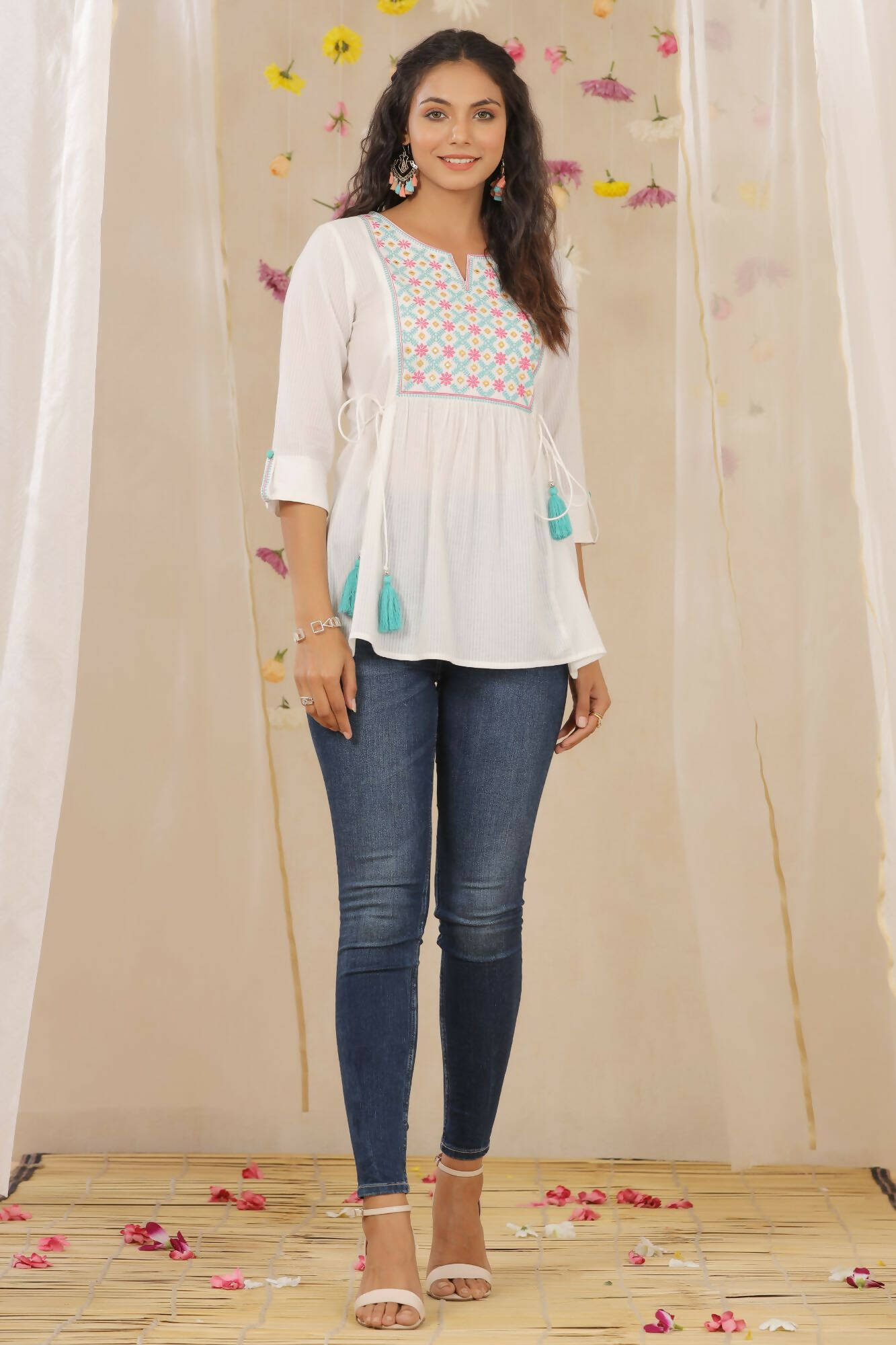 Juniper Women White Cotton Dobby Embroidered A-Line Tunic - Distacart