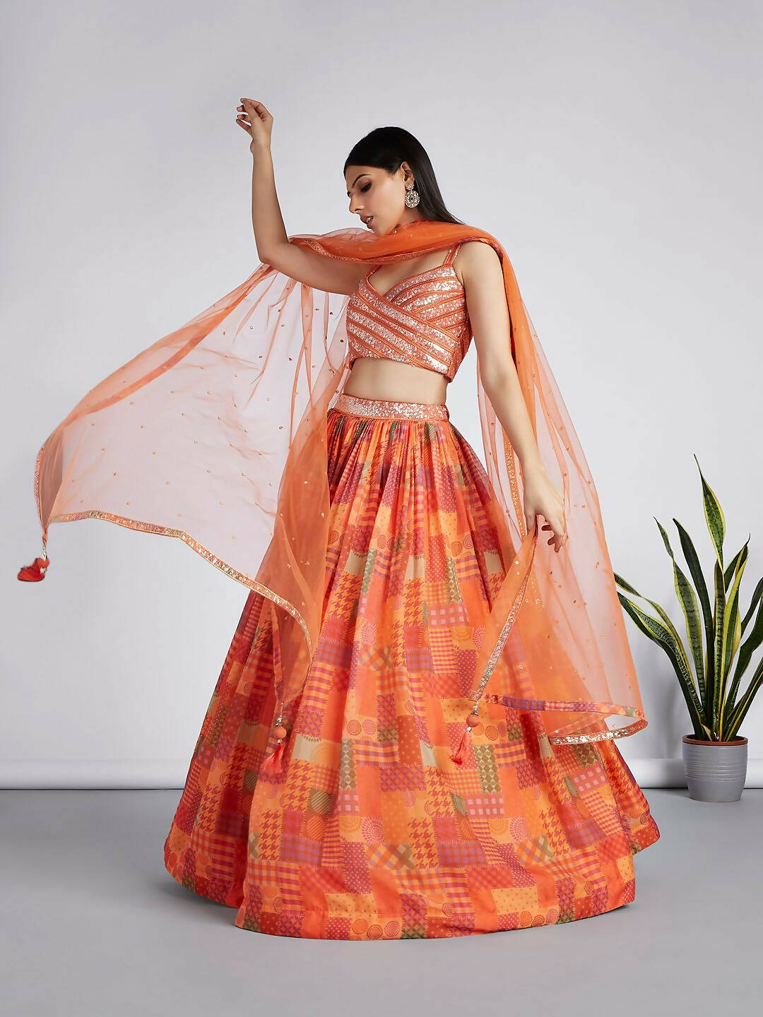 House of Panchhi Orange colour Organza Treditional design digital print Semi-Stitched Lehenga choli & Dupatta - Distacart