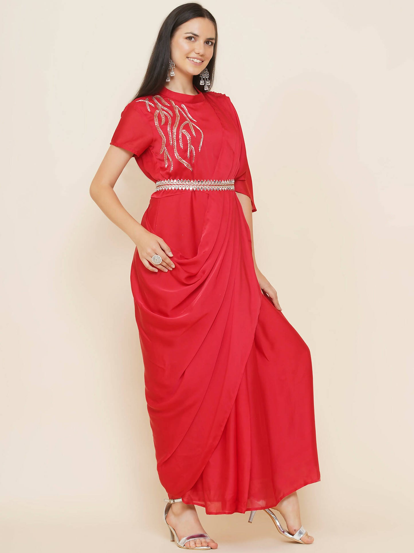 Women Republic Red Hand Embelleshed Gown With Drape - Distacart