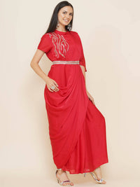 Thumbnail for Women Republic Red Hand Embelleshed Gown With Drape - Distacart