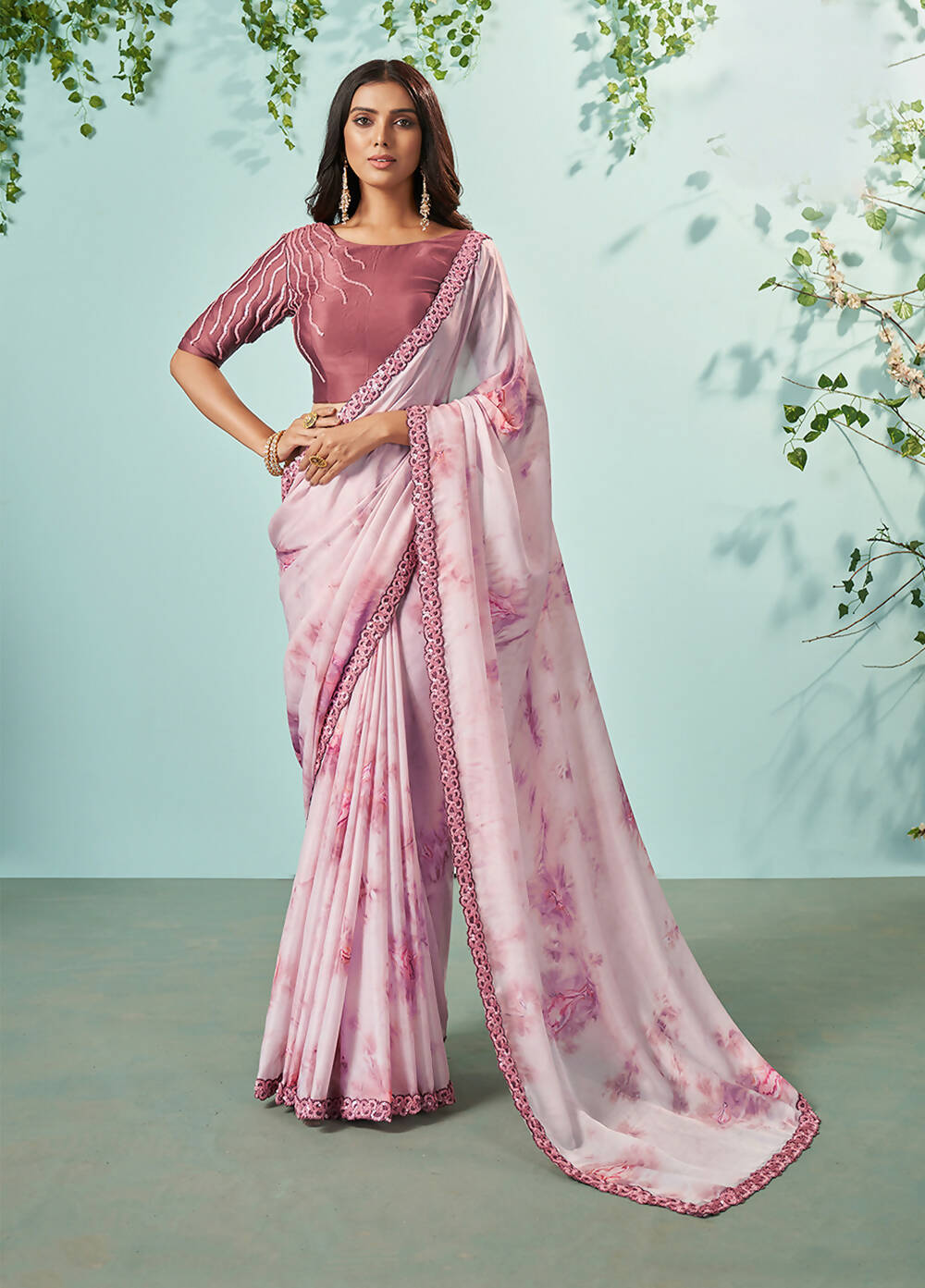 Mauve Crepe Silk Printed Saree With Unstitched Blouse Piece - Norita Ikshita - Distacart