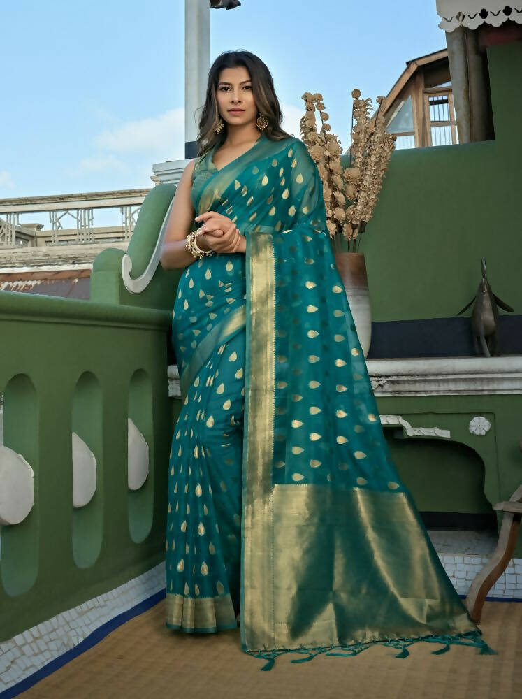 Delightful Designer Turquoise Color Organza Silk Saree With Weaving Work - Yomika Fashions - Distacart