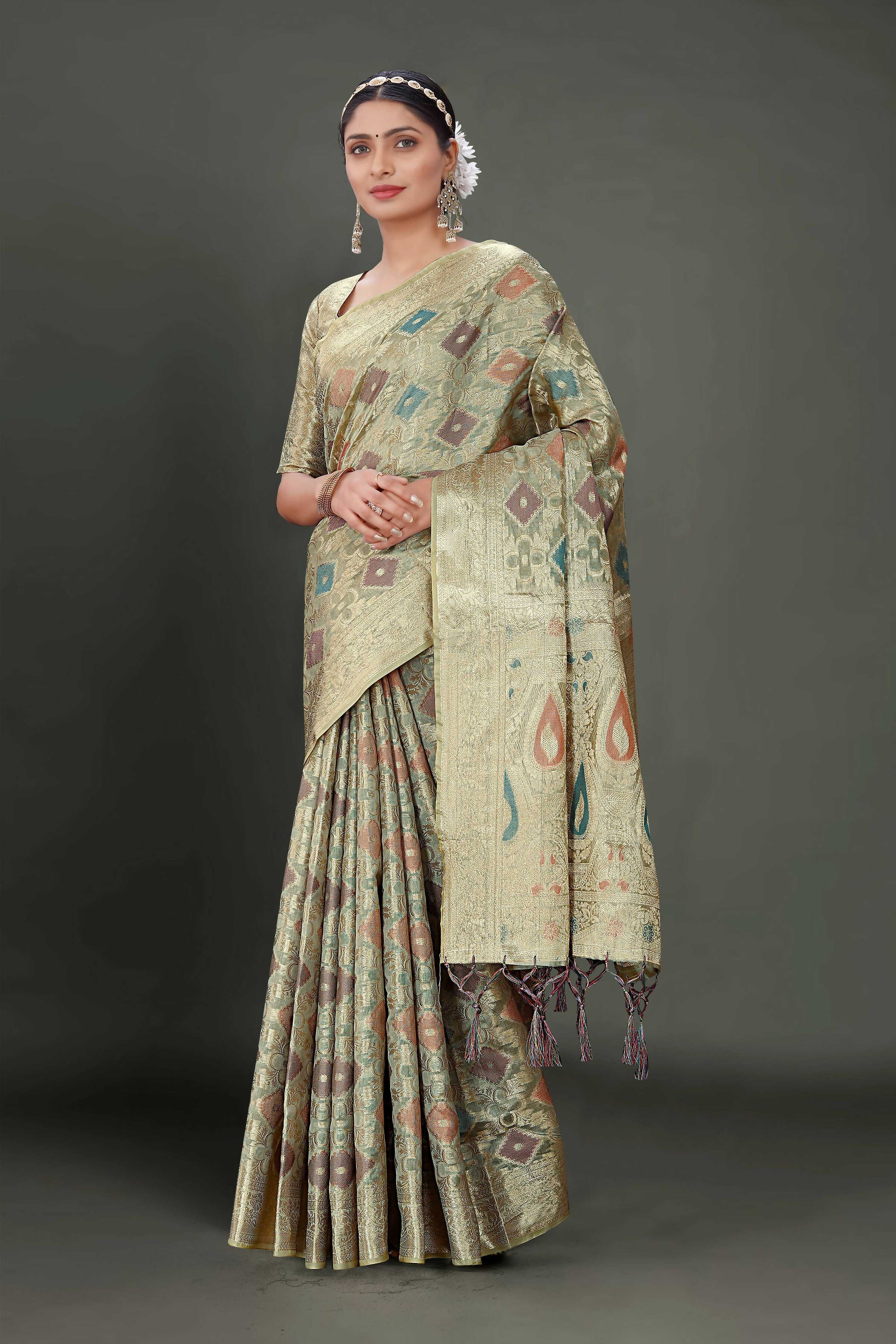 Grey Soft Organza Woven Design Saree With Unstitched Blouse Piece - Zaara - Distacart