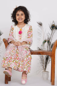 Thumbnail for Little Bansi Cotton Floral work Kurta with Floral Sharara & Dupatta - White - Distacart