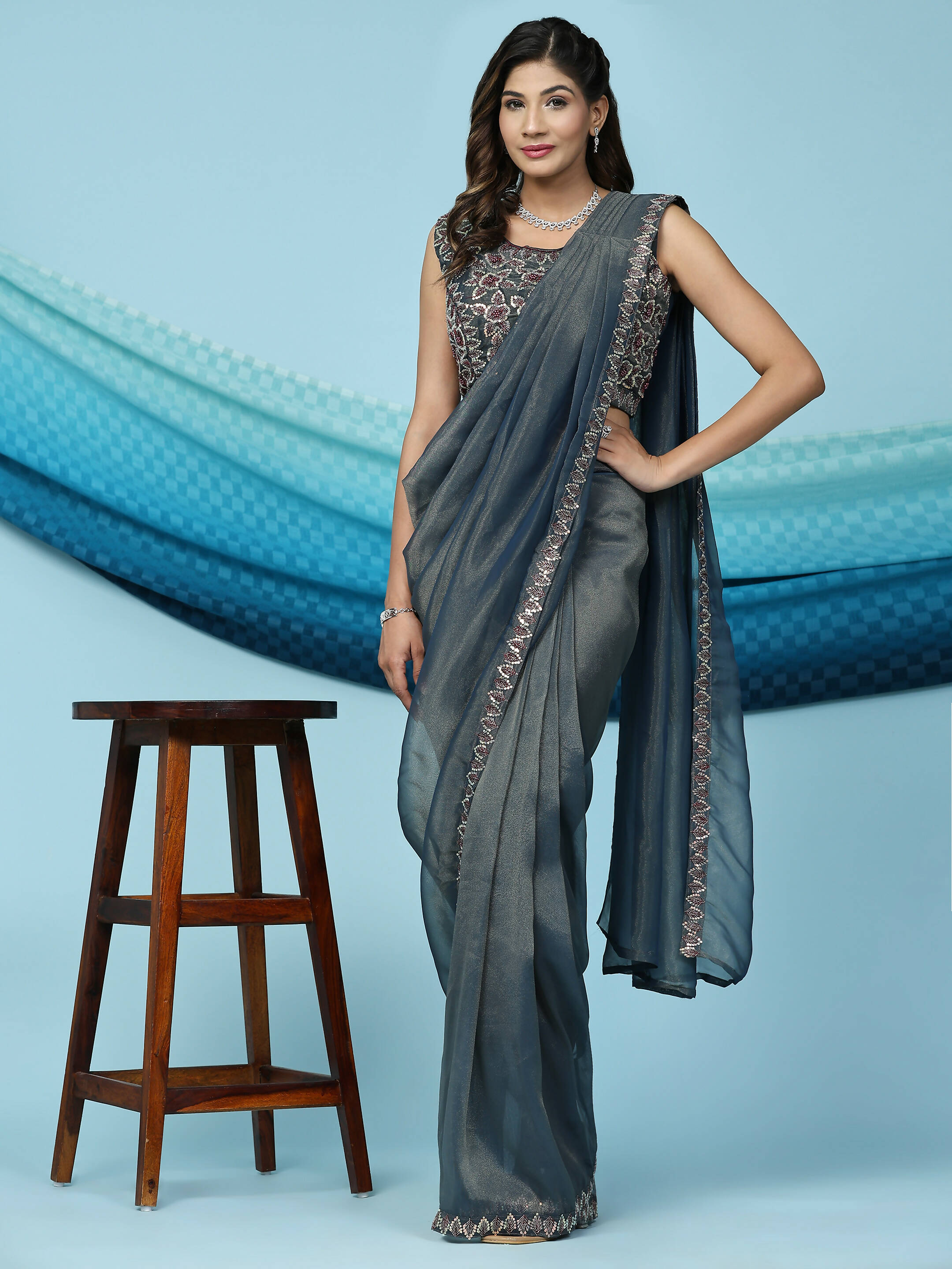 Teal Lycra Shimmer Pattern Ready to Wear Saree with stitched Blouse - Nirvana - Distacart