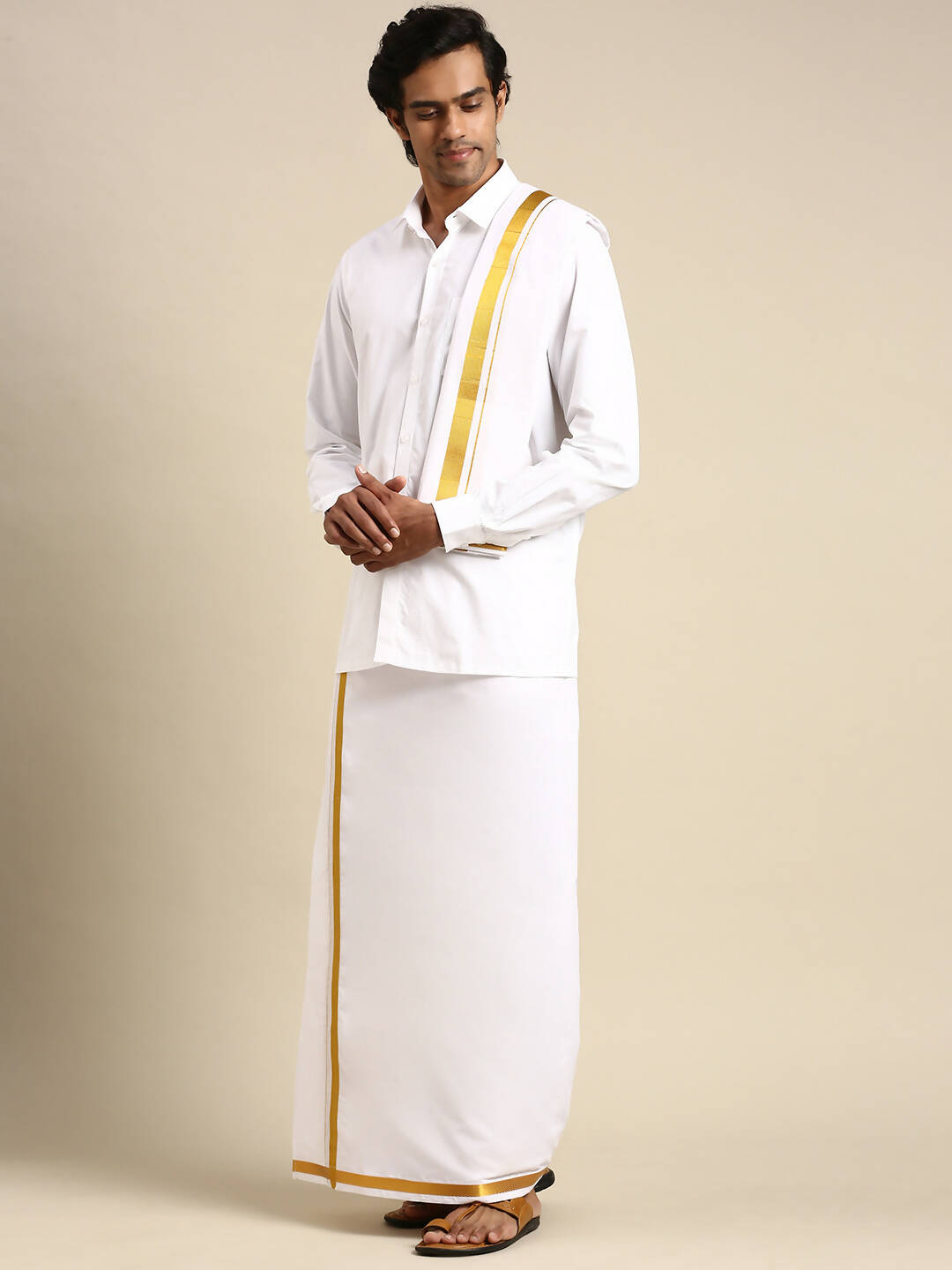 Ramraj Cotton Mens Wedding White Regular Dhoti, Shirt & Towel Set Subhakalyan 1" - Distacart