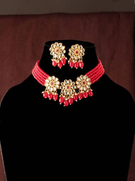 Mominos Fashion Johar Kamal Women's Red Beads Pearls Gold-Plated Jewellery Set