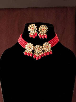 Mominos Fashion Johar Kamal Women's Red Beads Pearls Gold-Plated Jewellery Set