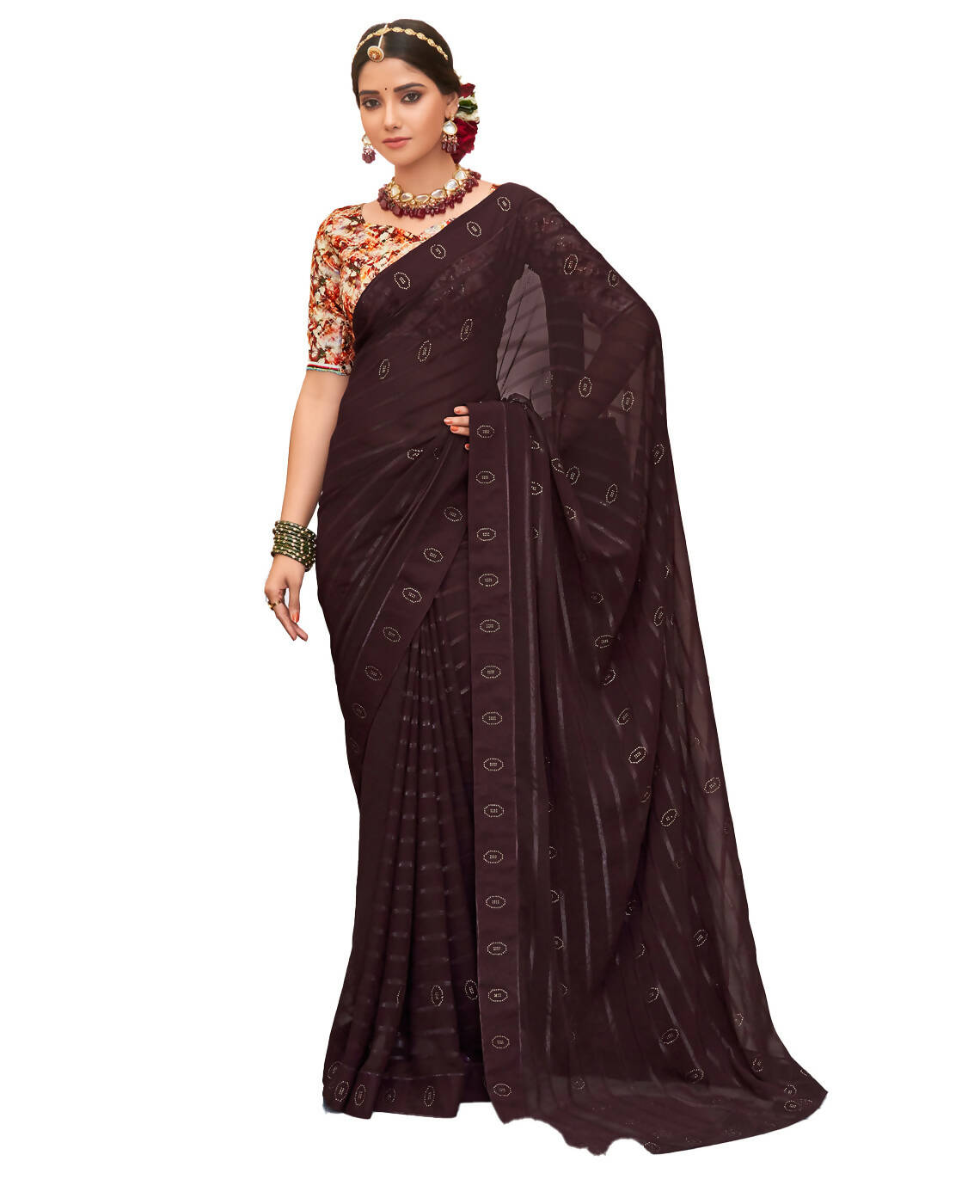 Brown Georgette Swaroski Work Saree With Unstitched Blouse Piece - Juhi - Distacart
