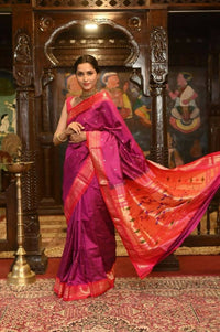 Thumbnail for Very Much Indian Pure Silk Paithani With Most Magenta With Contrast Pink - Distacart