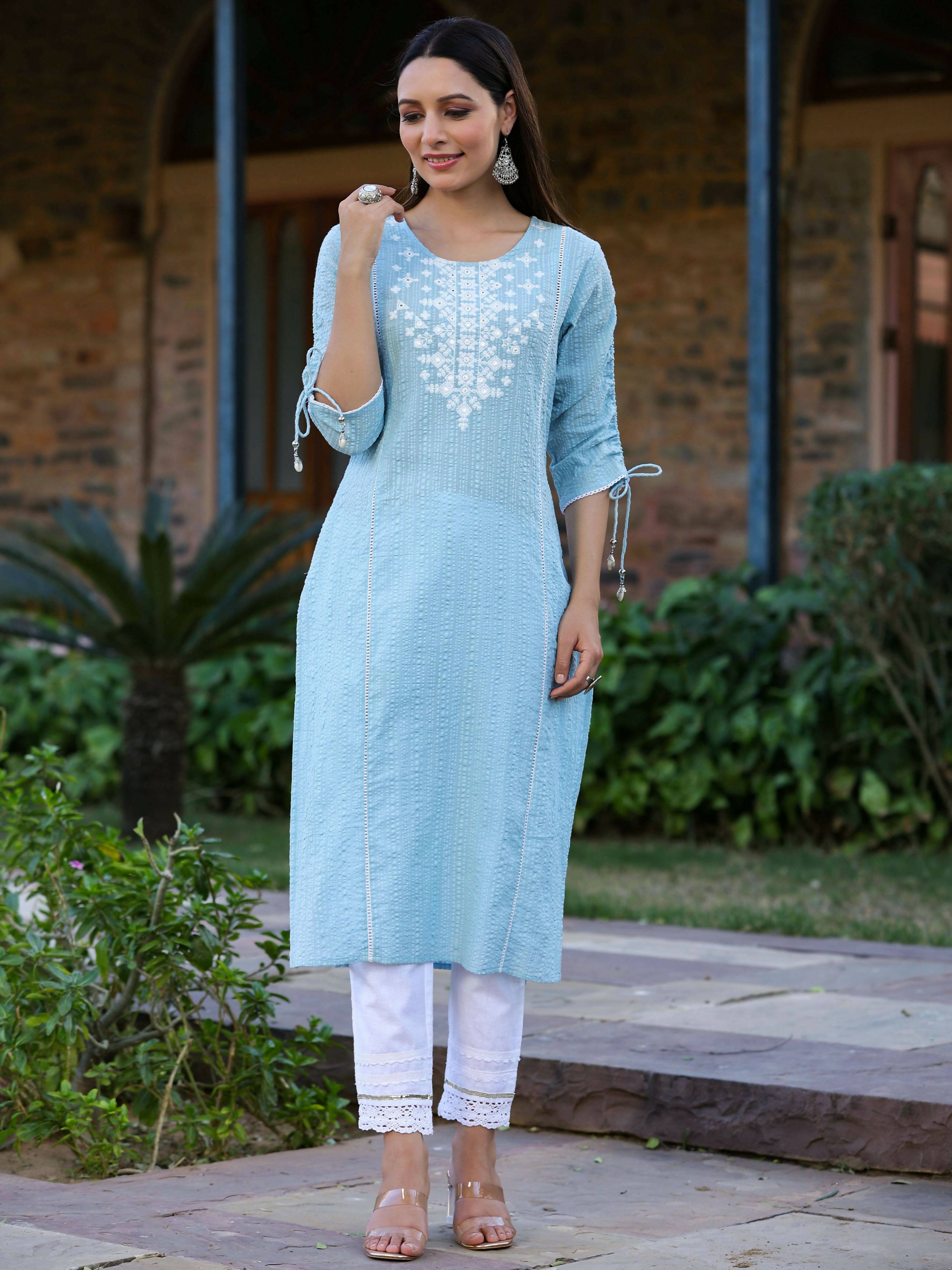 Juniper Women's Blue Sheer Sucker Embroidered Straight Kurta - Distacart