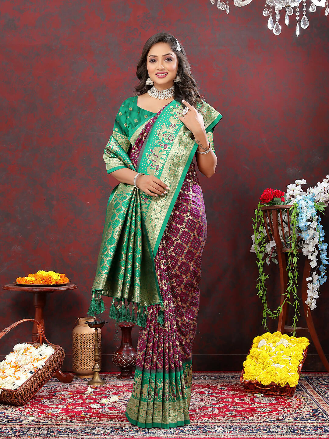 Lorenvalley Fashion Wine & Green Patola Silk Woven Design Meenakari Weaving Saree - Distacart
