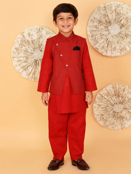 Lil Drama Boys Kurta Pyjama With Jacket Set - Red - Distacart