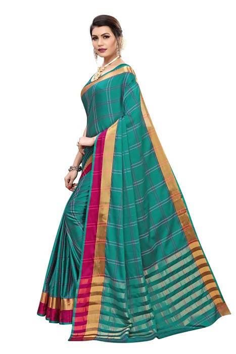 Vamika Rama Cotton Silk Weaving Saree (Rimi Checks Rama) - Distacart