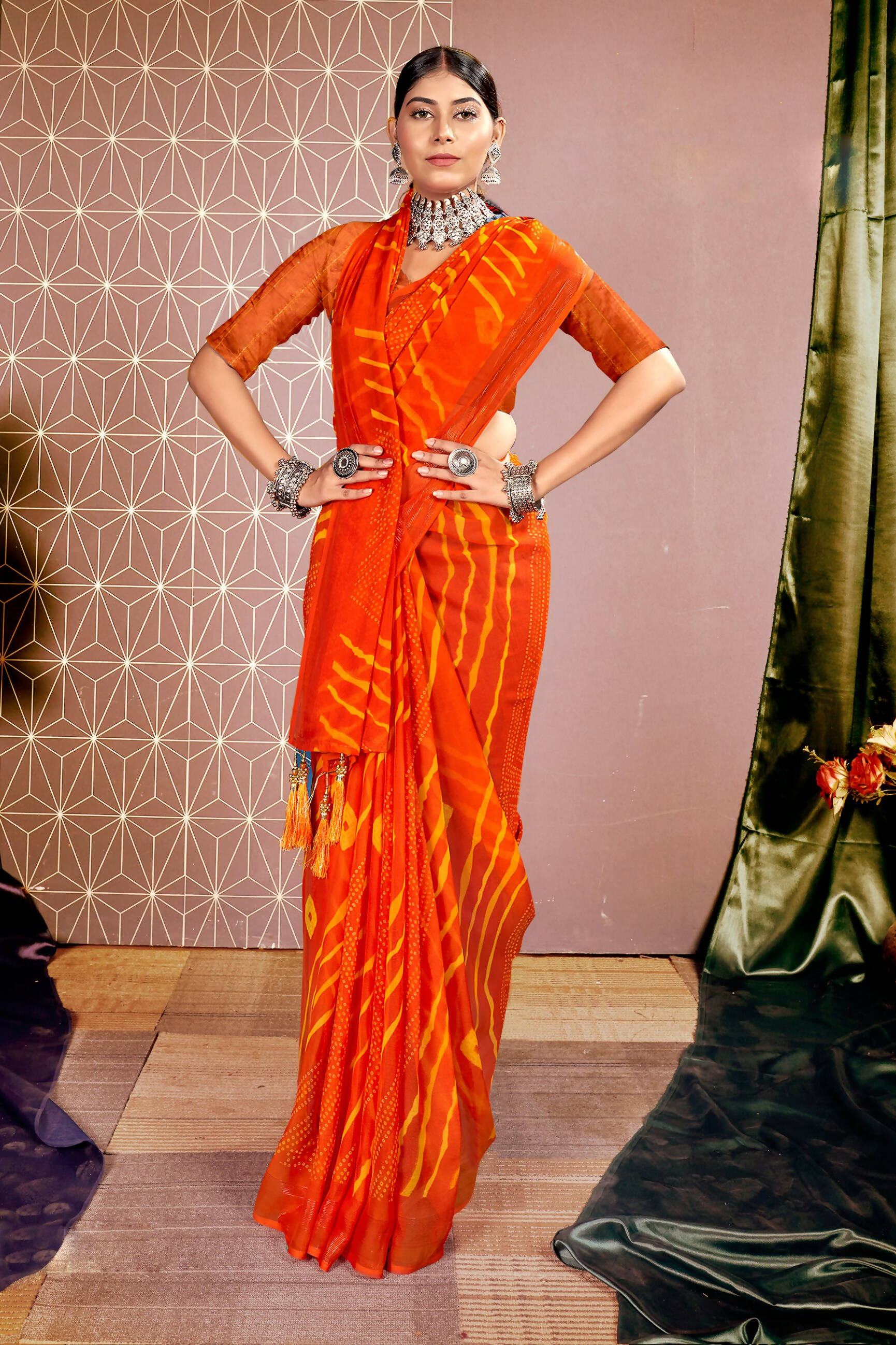 Orange Chiffon Leheriya Printed Saree With Unstitched Blouse Piece - Shanaya - Distacart