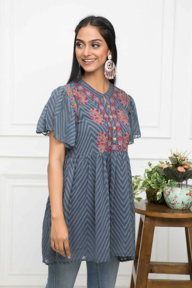 Myshka Women Solid V-Neck Flared Sleeves Synthetic Georgette Grey Top - Distacart