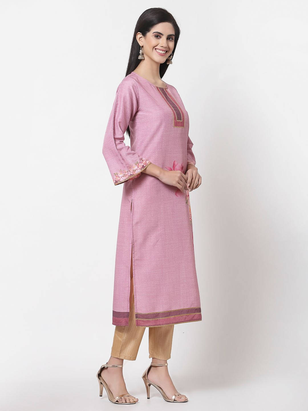 Myshka Pink Cotton Printed Full Sleeve Round Neck Casual Kurta