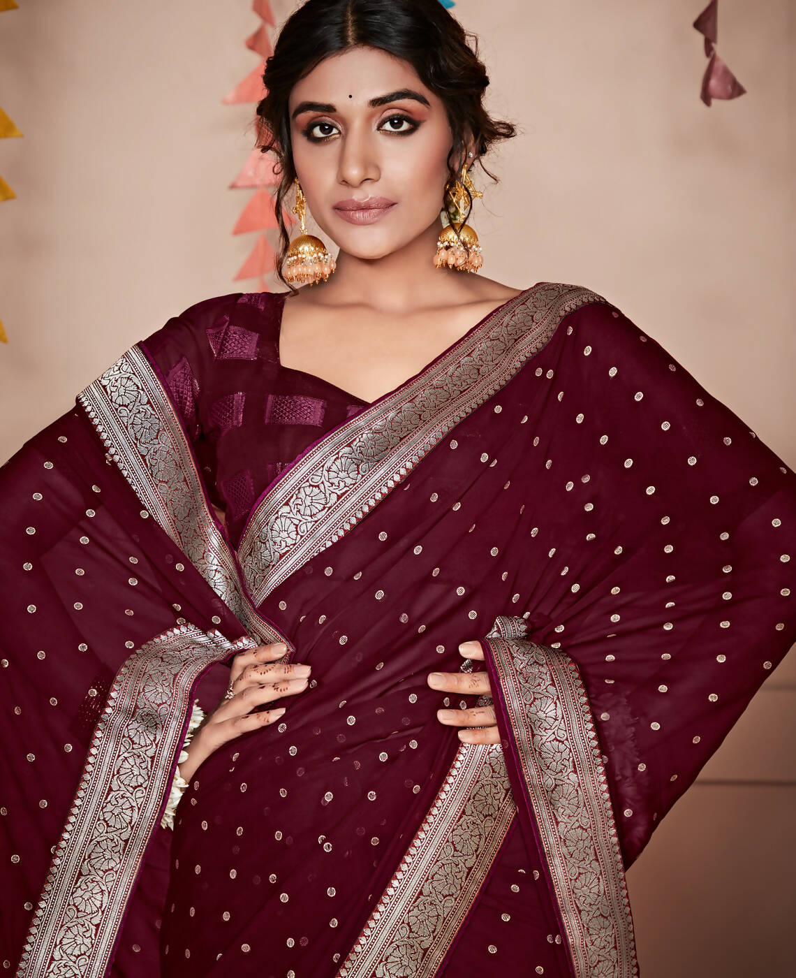 Wine Georgette Foil Printed Saree With Unstitched Blouse Piece - Nitya - Distacart