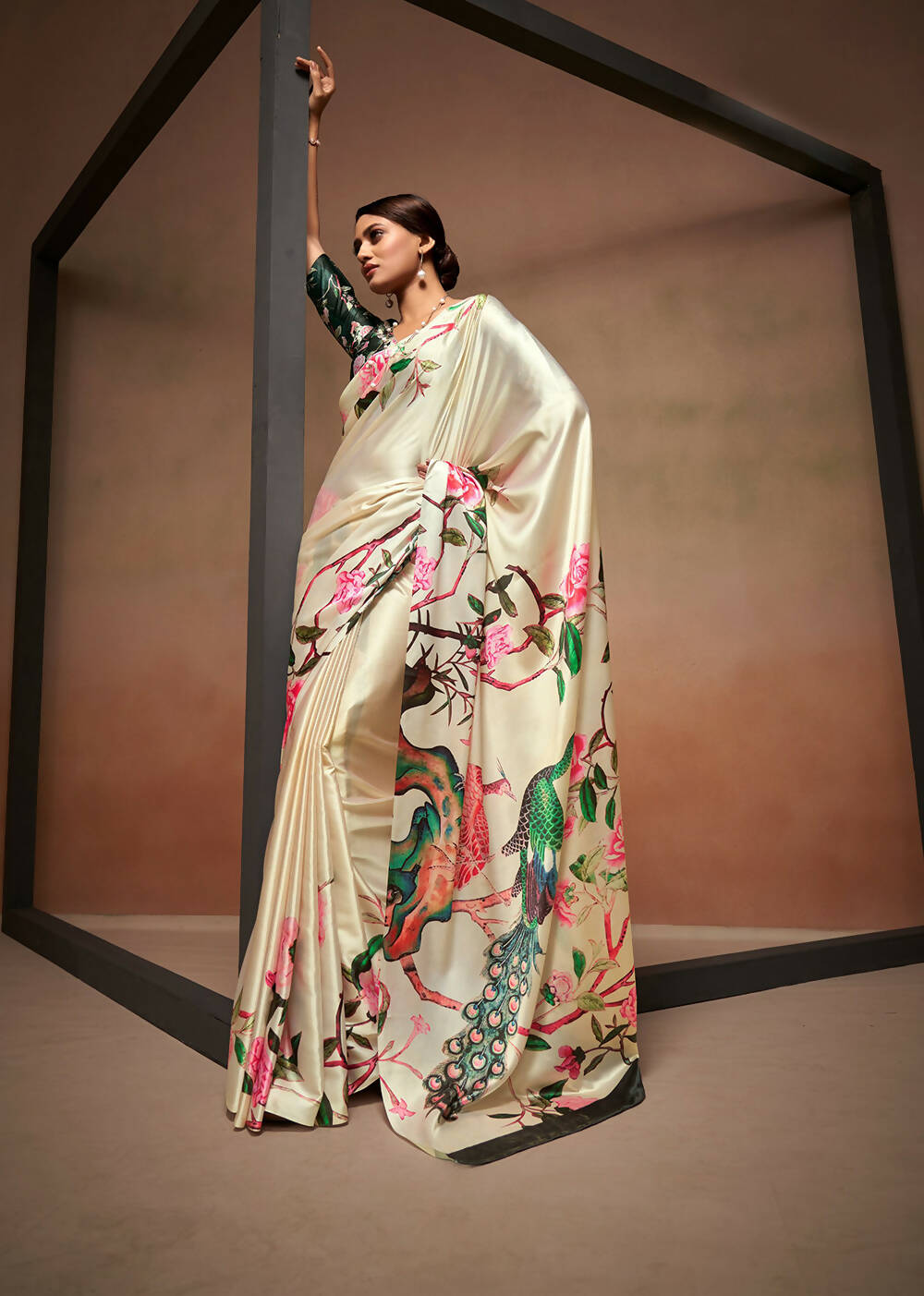 Beige Satin Digital Printed Saree with Unstitched Blouse Piece - Jodha - Distacart