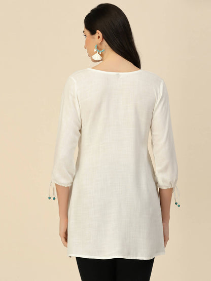 White Poly Rayon Floral Embroidered Top - Zeny - Distacart