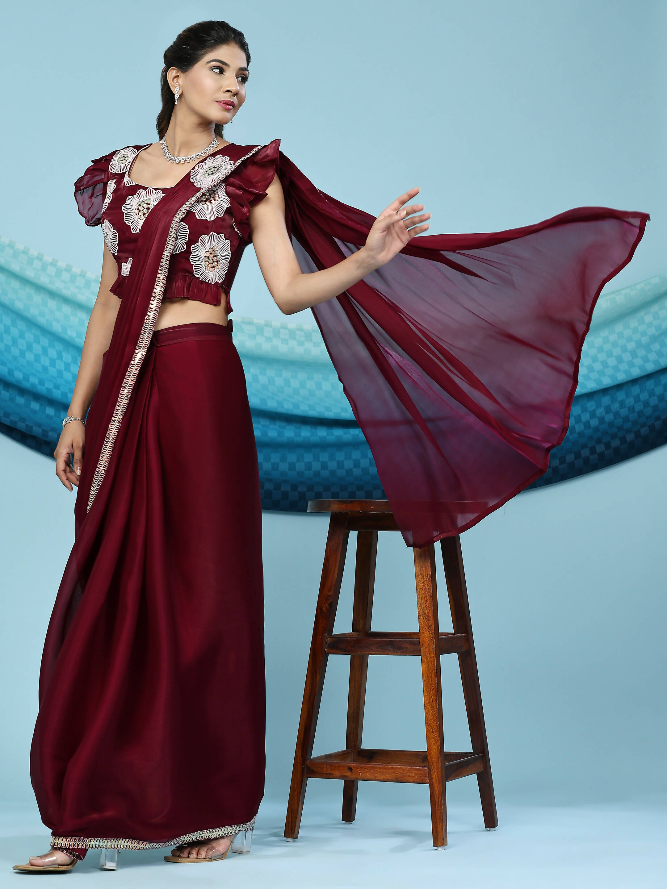Maroon Silk Satin Sequence Work Ready to Wear Saree with stitched Blouse - Nirvana - Distacart