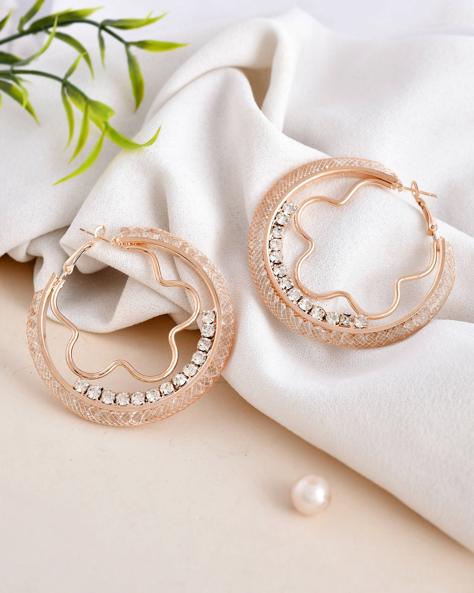 VOJ Women Gold-Plated Studded Beads Stainless Steel Double Circular Hoop Earrings - Distacart