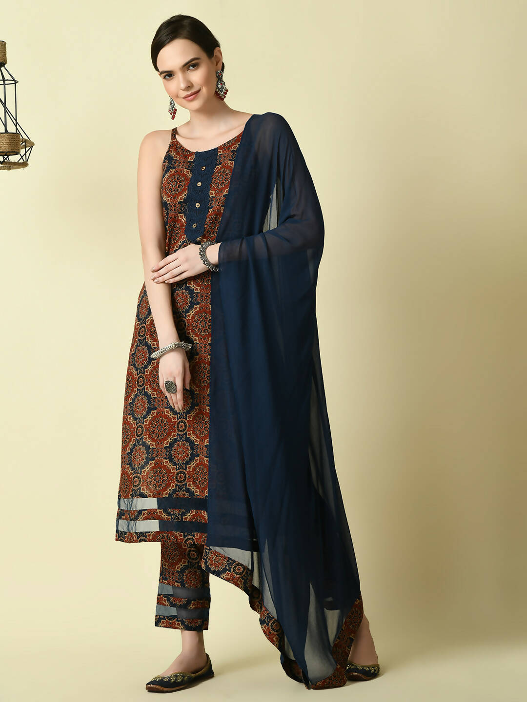 Myshka Women's Multi Straight Kurta & Trousers With Dupatta - Distacart