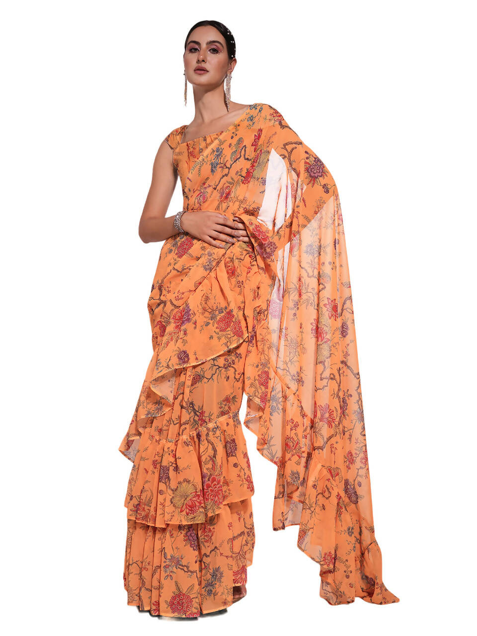 Orange Georgette Floral Printed Saree With Unstitched Blouse Piece - Rajal - Distacart