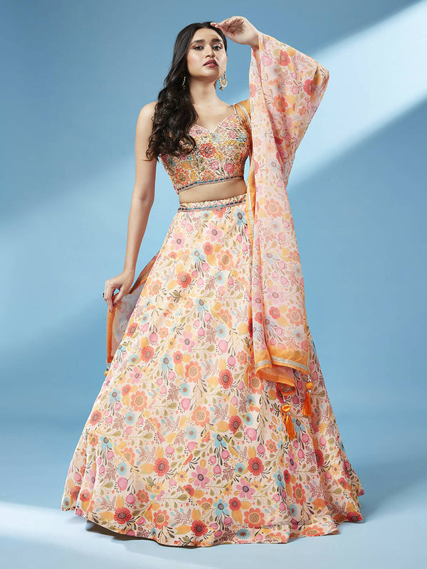 House of Panchhi Orange Organza Floral Printed Lehenga choli & Dupatta - Distacart