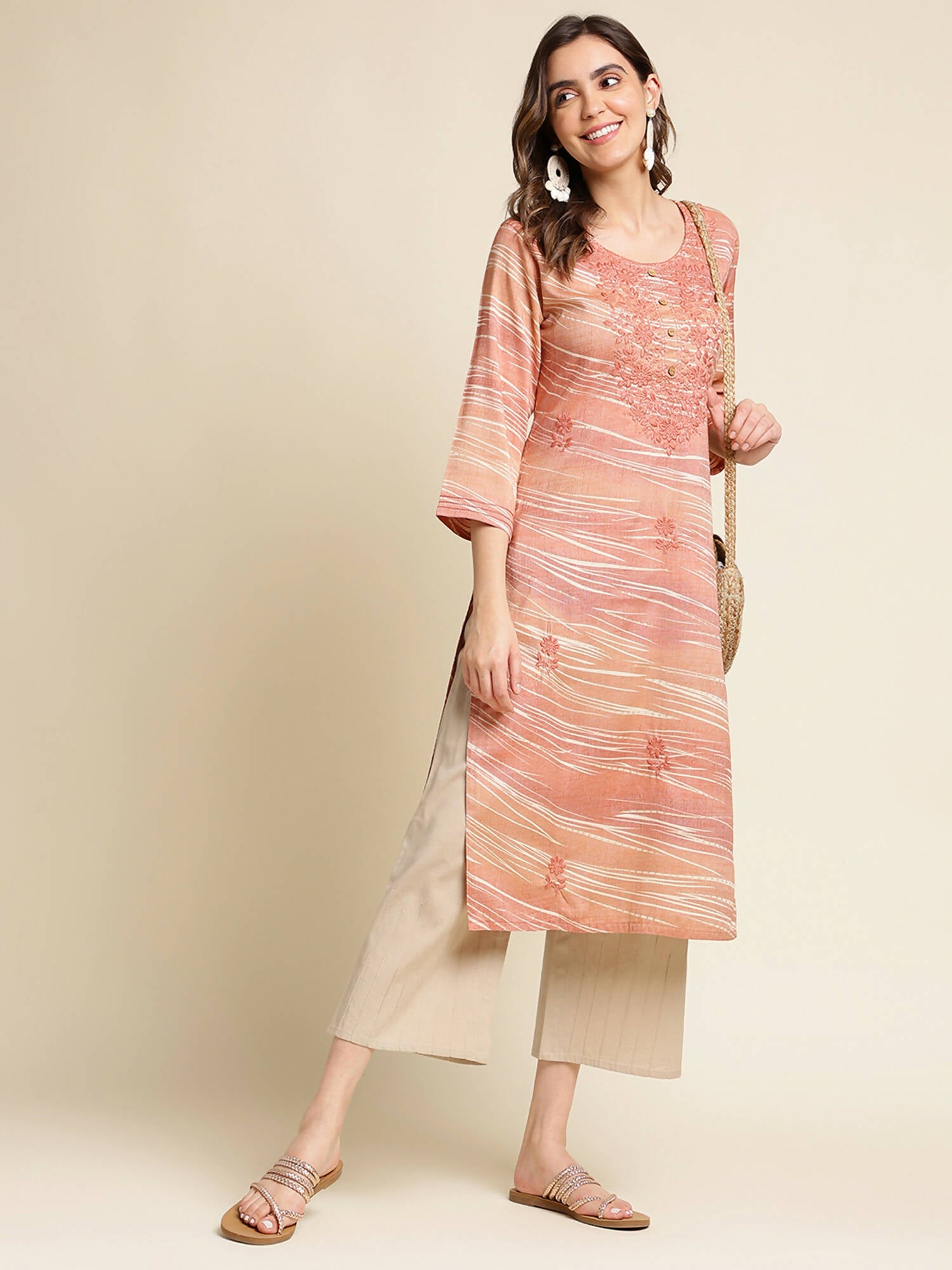 Peach Poly Rayon Stripe Printed Straight Fit Kurta - Prasuti - Distacart