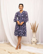 Thumbnail for FIORRA Women's Blue Georgette Floral Printed Western Dress - Distacart